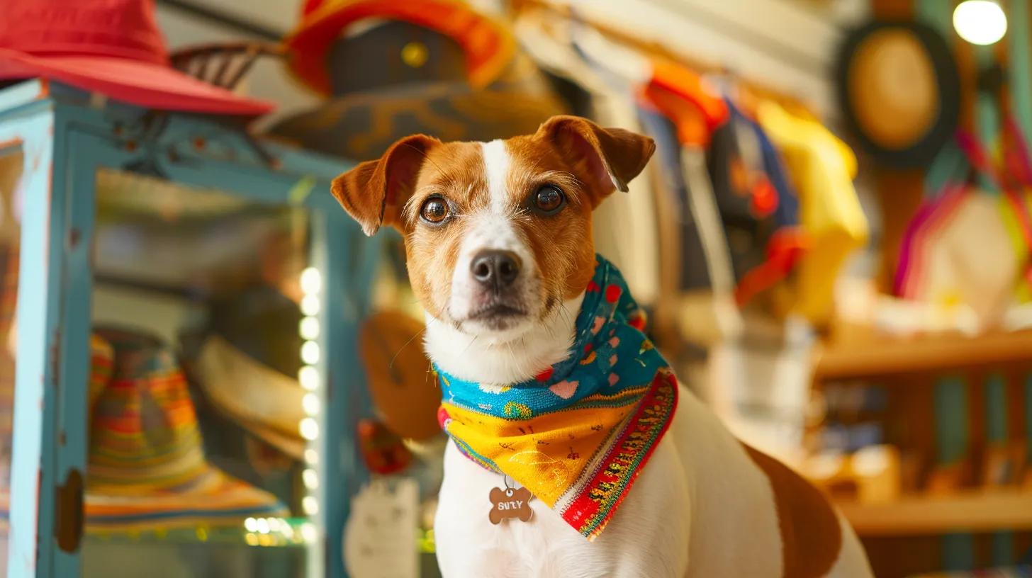 a stylish dog wearing a vibrant bandana stands confidently in a chic urban pet boutique, surrounded by colorful accessories and fashionable pet products, showcasing the ideal style for modern pups. a stylish dog wearing a vibrant bandana stands confidently in a chic urban pet boutique, surrounded by colorful accessories and fashionable pet products, showcasing the ideal style for modern pups.