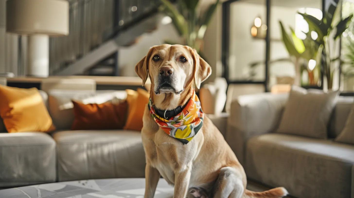 a stylish dog wearing a vibrant bandana sits proudly in a modern living room, showcasing the perfect fit while surrounded by chic furniture and decor for an elegant and fashionable atmosphere. a stylish dog wearing a vibrant bandana sits proudly in a modern living room, showcasing the perfect fit while surrounded by chic furniture and decor for an elegant and fashionable atmosphere.