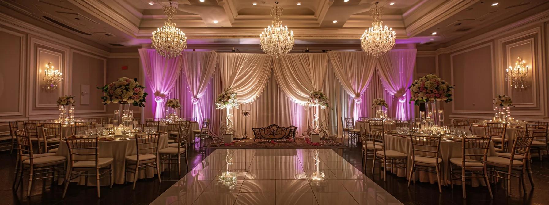 a stylish, elegantly decorated reception hall in laval, showcasing a sophisticated wedding setup with exquisite table arrangements, ambient lighting, and an opulent backdrop that hints at premium service offerings for a memorable event.
