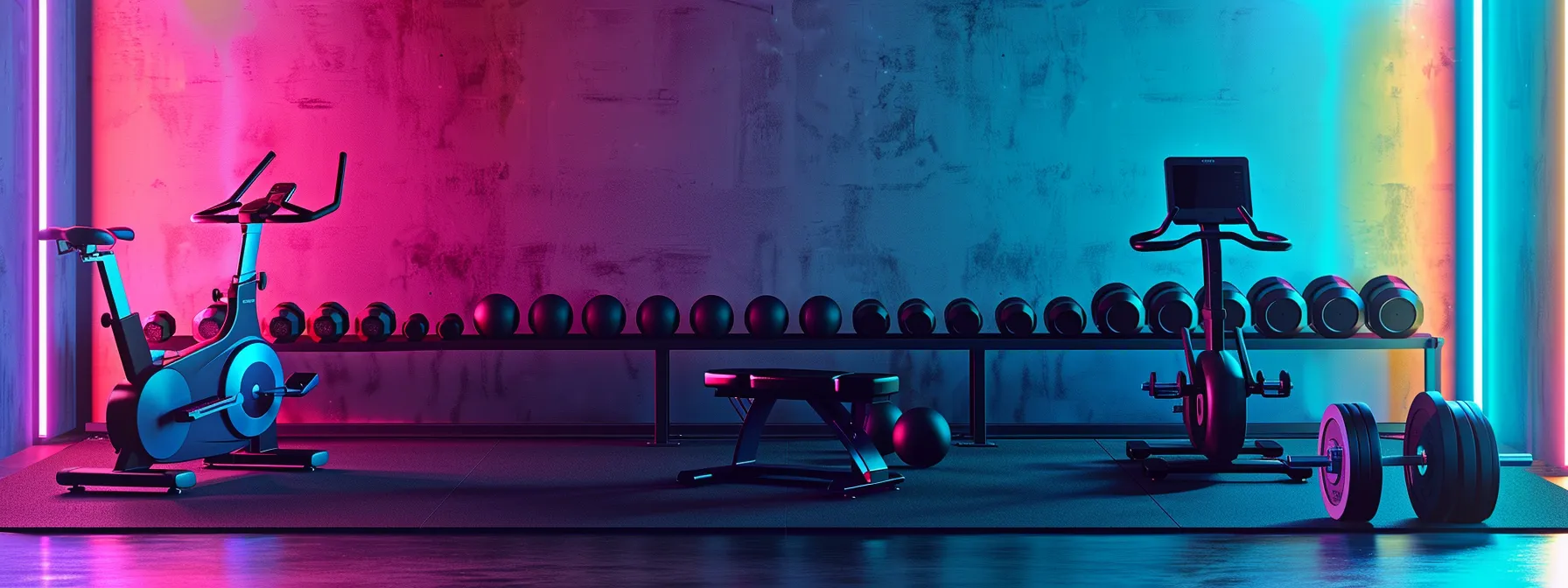 a stylish home gym setting showcases an array of high-quality fitness equipment, accented by vibrant colors and modern design, reflecting the advantages of shopping at illumino360.com for competitive pricing and exclusive discounts.