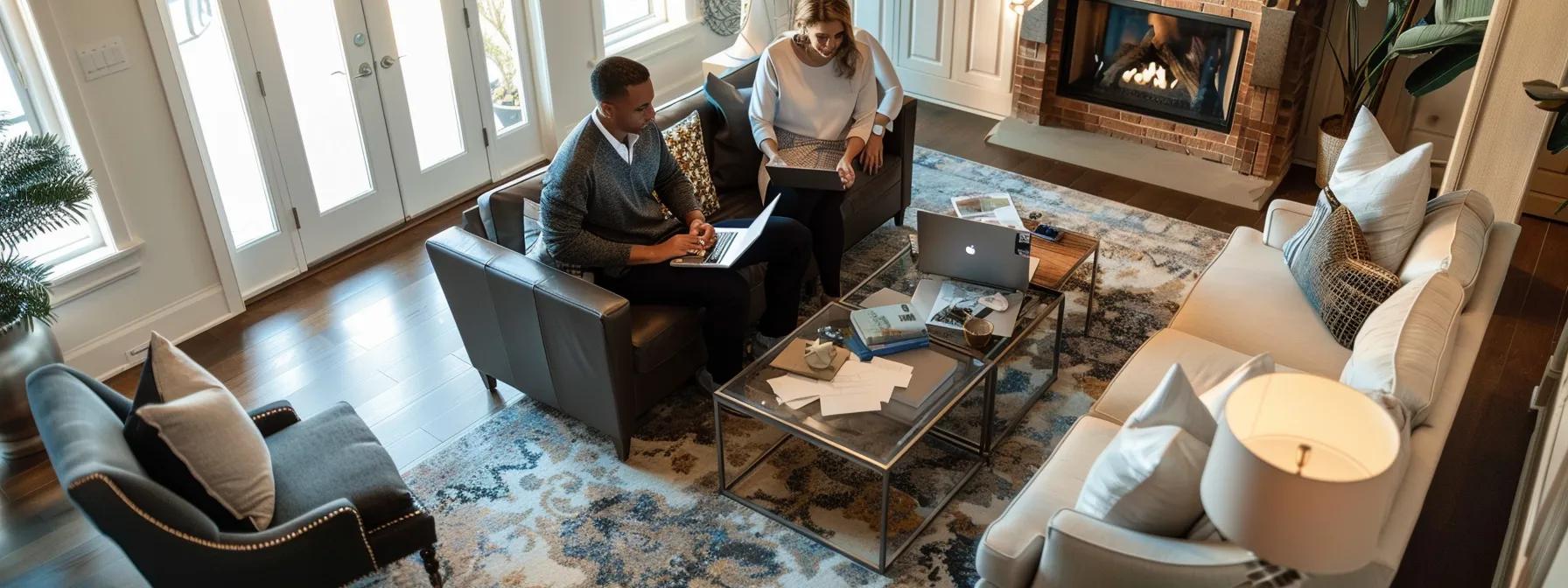 a stylish indoor office setting showcases a confident husband and wife team engaged in a serious consultation with prospective homebuyers, surrounded by sophisticated decor, laptops displaying property listings, and paperwork highlighting the intricate home buying process in belle meade. a stylish indoor office setting showcases a confident husband and wife team engaged in a serious consultation with prospective homebuyers, surrounded by sophisticated decor, laptops displaying property listings, and paperwork highlighting the intricate home buying process in belle meade.