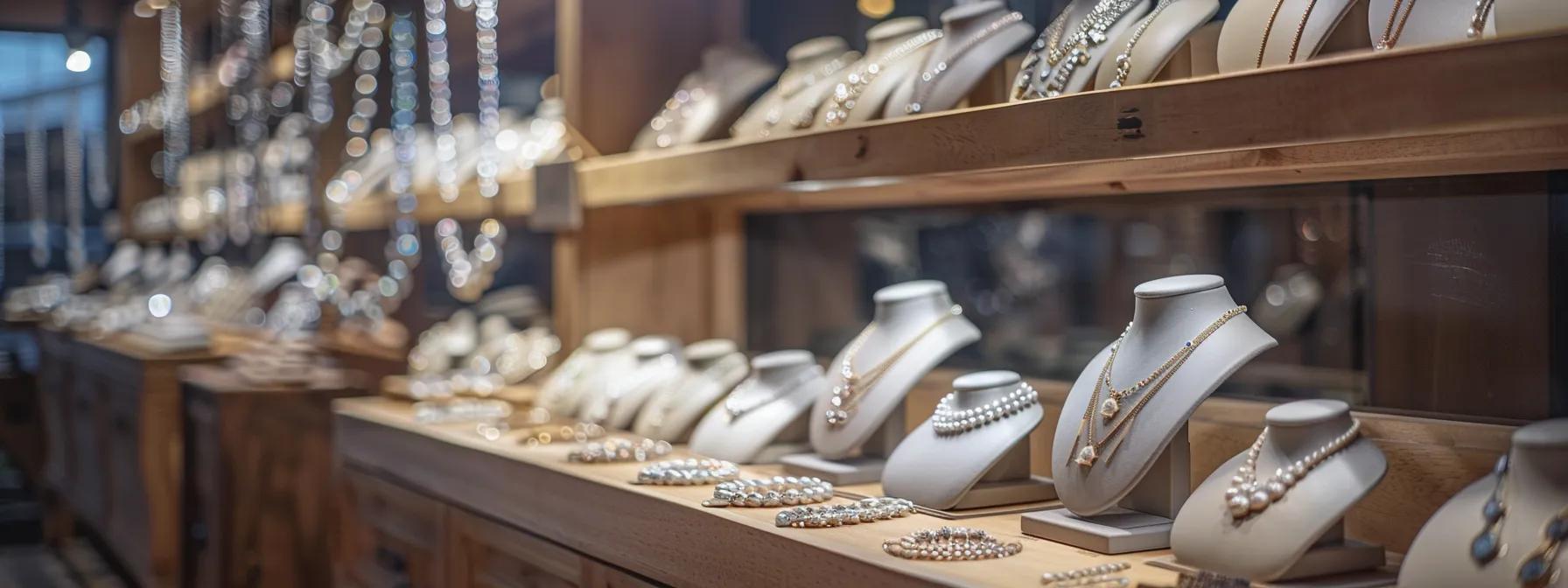 a stylish interior boutique showcases an elegant selection of necklaces, with well-organized displays highlighting various durable materials and trendy designs, inviting discerning buyers to explore their perfect match within a chic, warmly lit environment.