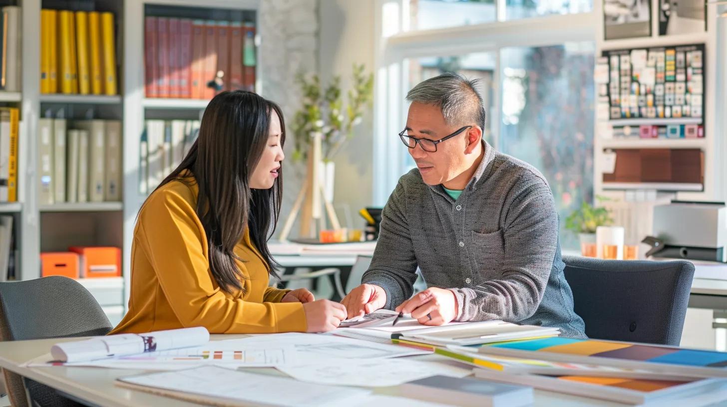 a stylish interior design consultation scene captures a focused professional engaging with a homeowner, surrounded by blueprints and swatches, in a modern, well-lit office space that emphasizes creativity and collaboration in home renovation planning. a stylish interior design consultation scene captures a focused professional engaging with a homeowner, surrounded by blueprints and swatches, in a modern, well-lit office space that emphasizes creativity and collaboration in home renovation planning.