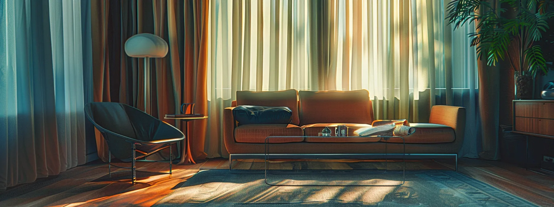 a stylish living room features beautifully hung, tailored curtains draping elegantly from a sleek rod, with modern furnishings in the backdrop reflecting a harmonious color palette, accentuating the importance of proper installation and maintenance for an inviting ambiance.
