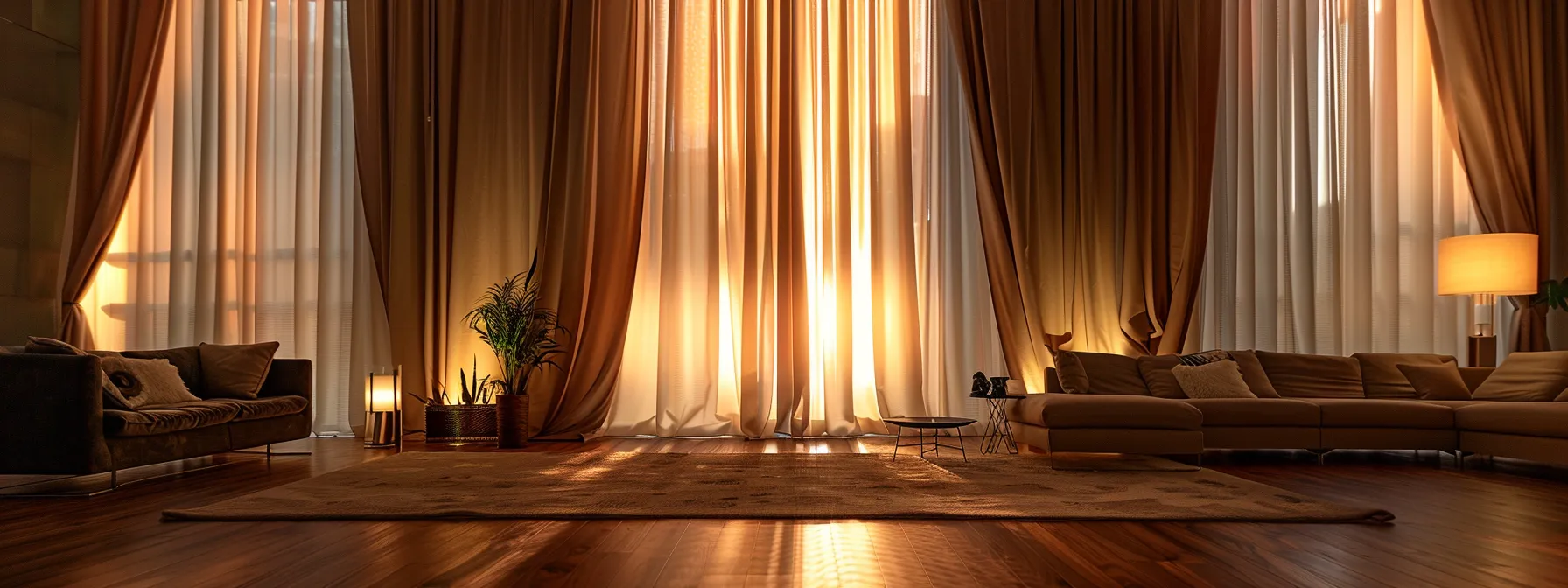 a stylish living room featuring elegantly layered curtains—sheer panels allowing soft diffused sunlight, complemented by luxurious blackout drapes, all set against a modern, chic backdrop that emphasizes comfort and energy efficiency.