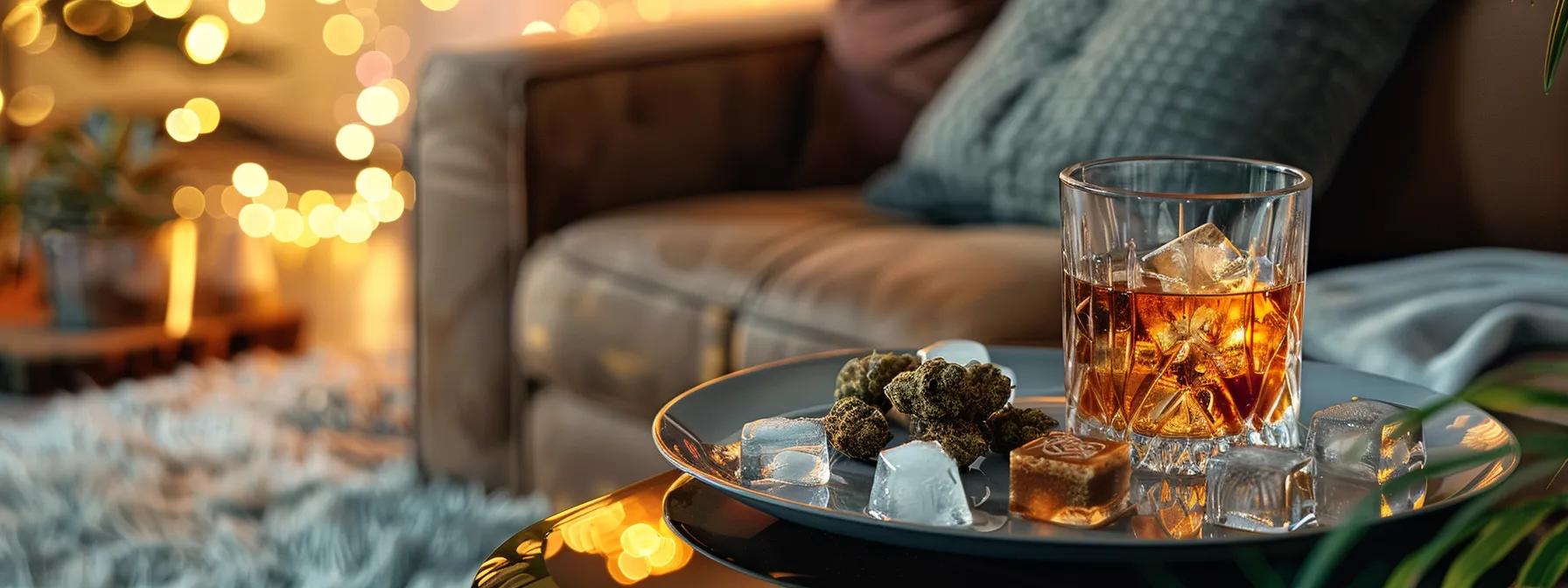 a stylish living room party scene showcases a glass of thc-infused spirits resting on ice, accompanied by an elegant assortment of premium small fudge cuts, highlighting the sophisticated nuances of cannabis dosing and potency variations. a stylish living room party scene showcases a glass of thc-infused spirits resting on ice, accompanied by an elegant assortment of premium small fudge cuts, highlighting the sophisticated nuances of cannabis dosing and potency variations.