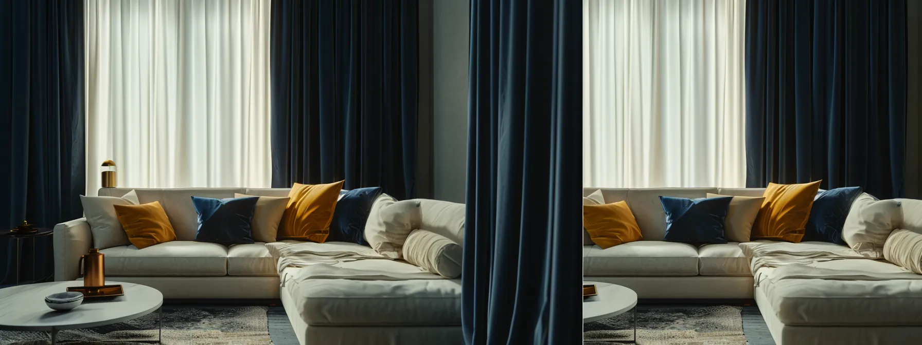 a stylish living room scene showcases elegantly draped navy blue velvet curtains against a beige sectional sofa, accented by mustard throw pillows, harmonizing the space with a well-balanced color palette and contemporary décor elements.