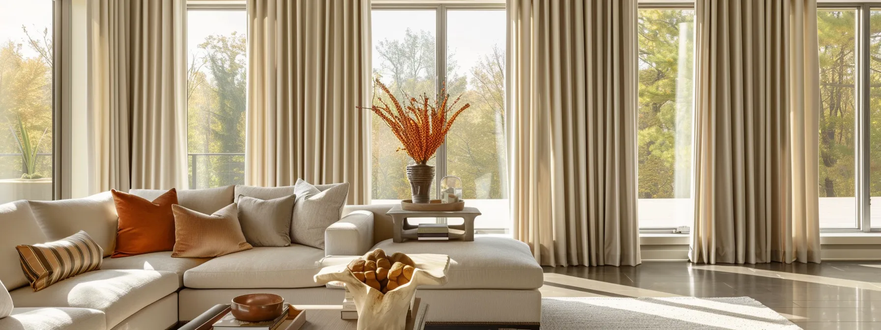 a stylish living room showcases an array of elegantly draped curtains with varied header styles—grommet, pinch pleat, and wave fold—suspended over large windows, each adding distinct visual appeal to the contemporary interior decor.