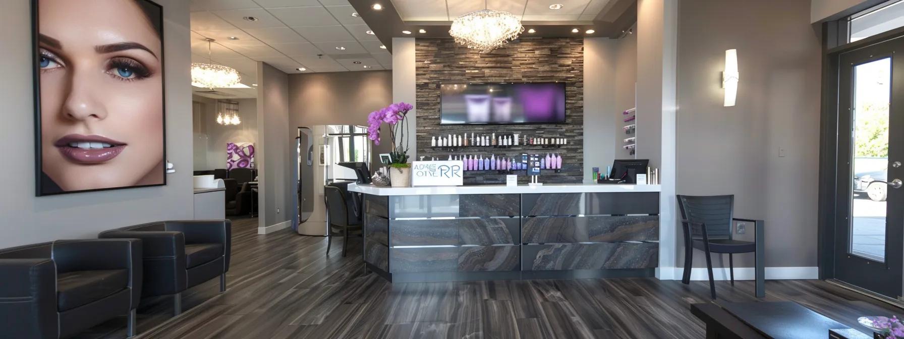 a stylish, modern brow salon interior features elegant décor, with a dramatic focus on a chic reception desk displaying attractive pricing packages for brow lamination, enhanced by polished lighting that highlights promotional materials for exclusive bundled offers.