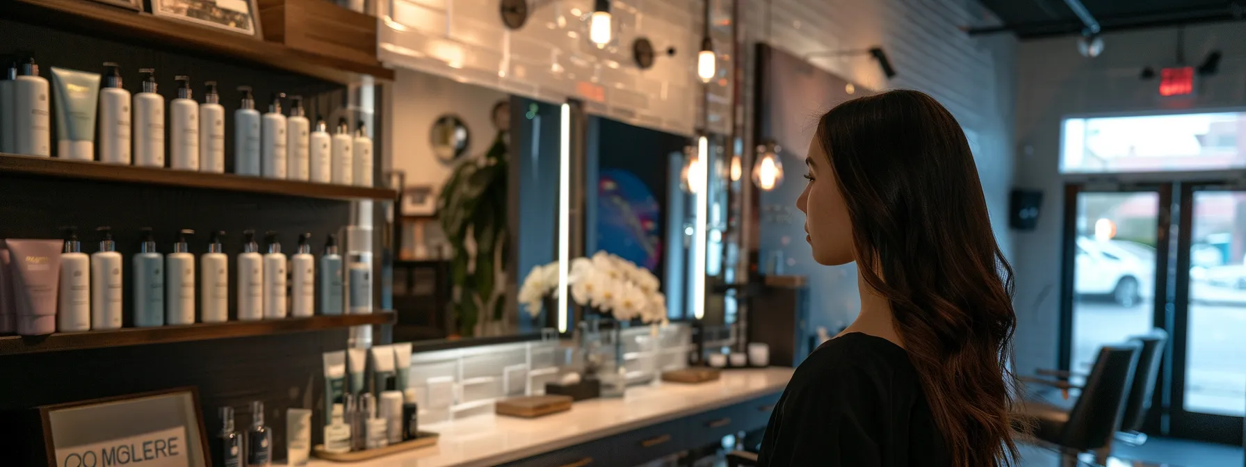 A woman with softly curled dark hair examines salon products in a modern studio, reflecting on her desired hairstyle and final look for micro Ktip extensions. A woman with softly curled dark hair examines salon products in a modern studio, reflecting on her desired hairstyle and final look for micro Ktip extensions.