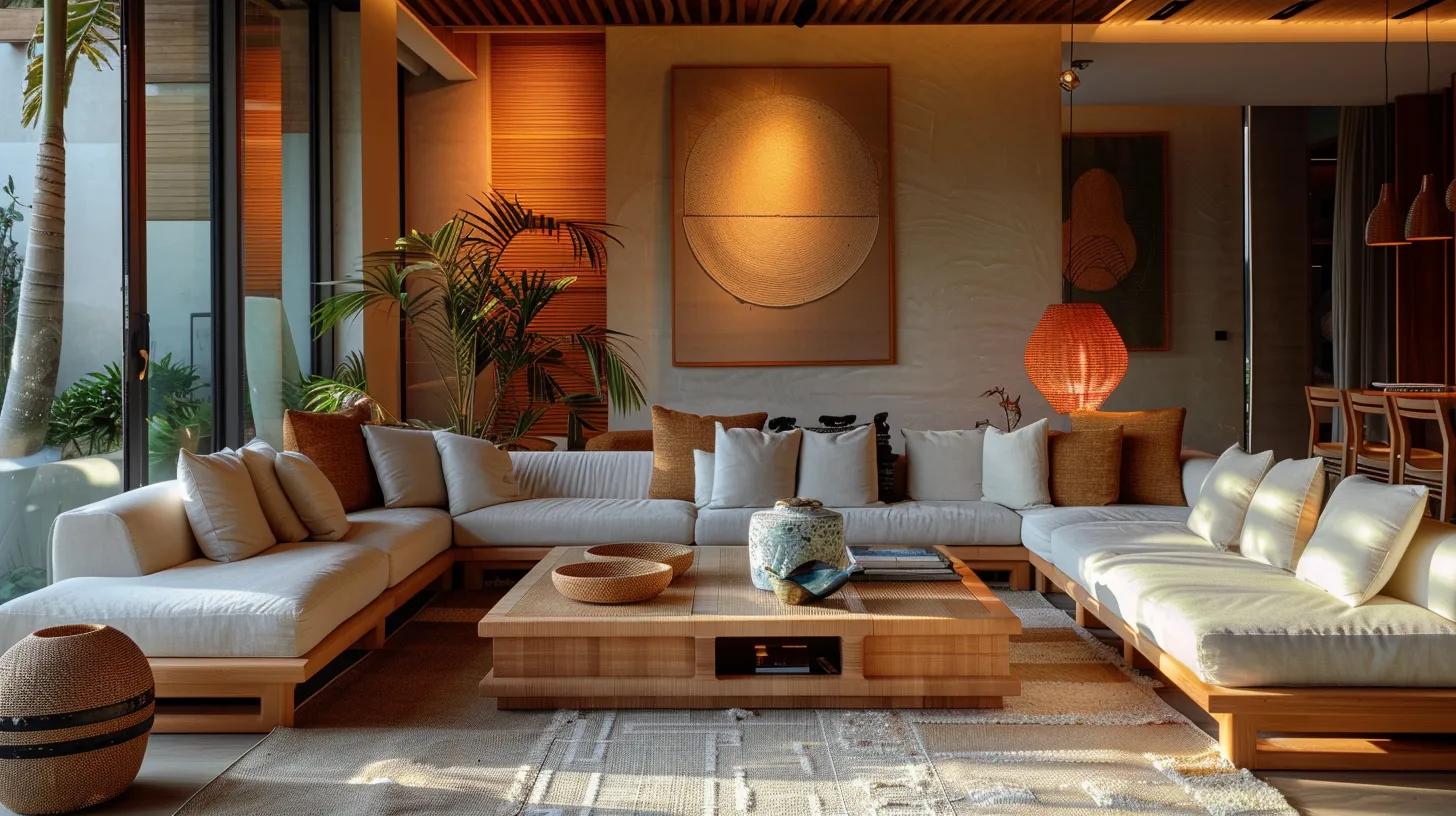 a stylish modern living room adorned with warm wooden furniture and soft textiles, exuding a calm and inviting summer ambiance. a stylish modern living room adorned with warm wooden furniture and soft textiles, exuding a calm and inviting summer ambiance.