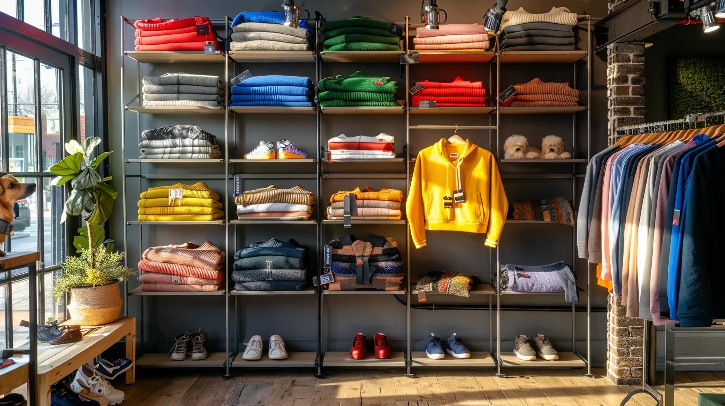 a stylish, modern pet boutique displays a variety of vibrant dog sweaters on sleek hanging racks, highlighting their diverse styles like pullover, button-up, turtleneck, and crewneck against a chic urban backdrop.