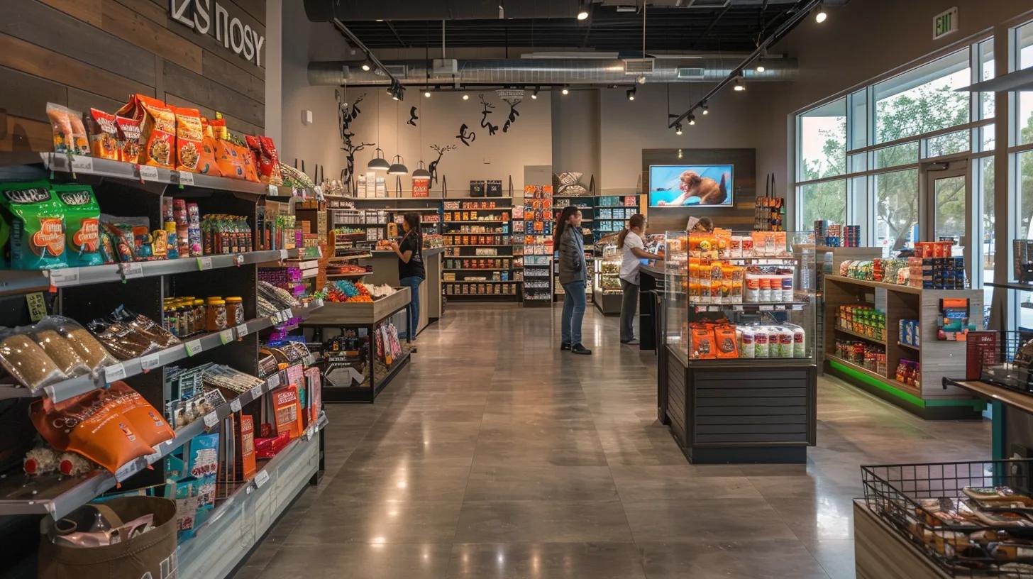 a stylish, modern pet supply store interior showcases vibrant displays of innovative pet products and trendy accessories, with knowledgeable staff engaging actively with enthusiastic pet owners among neatly organized aisles.