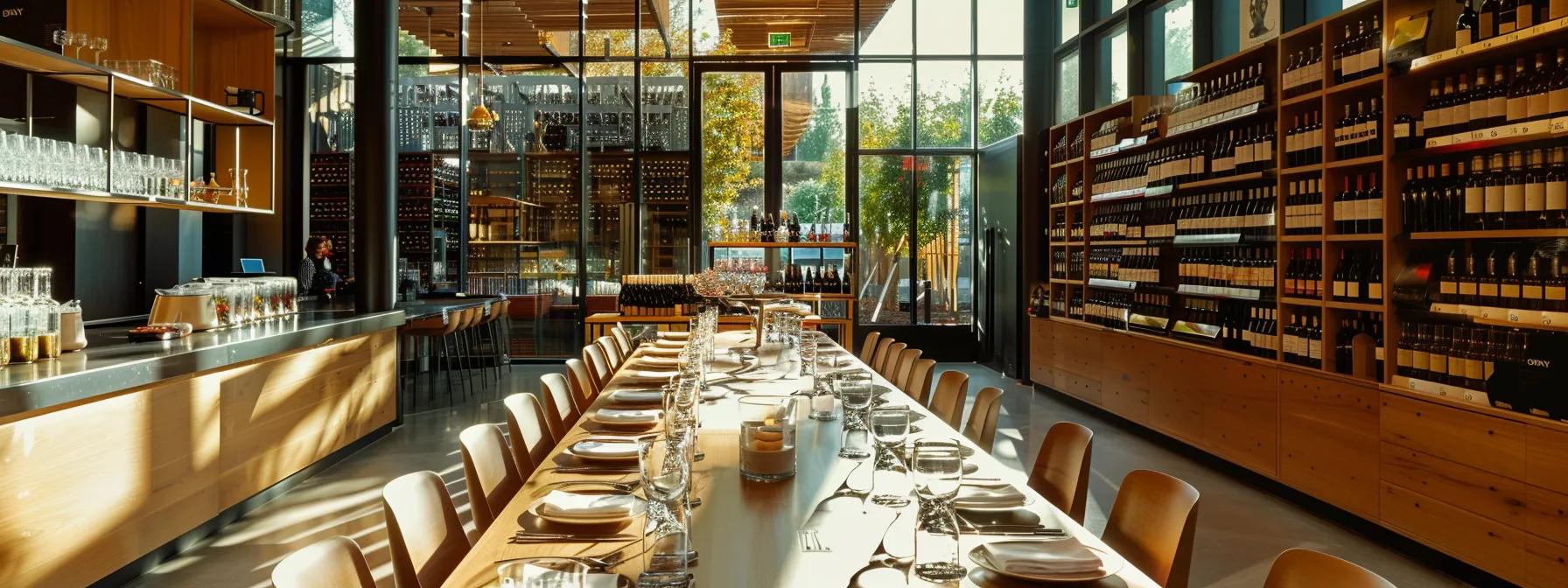 a stylish, modern vineyard tasting room with an elegant long table set for a sophisticated wine tasting, featuring an array of glimmering glassware and bottles, reflecting the choice between guided tours and self-exploration in the world of wine. a stylish, modern vineyard tasting room with an elegant long table set for a sophisticated wine tasting, featuring an array of glimmering glassware and bottles, reflecting the choice between guided tours and self-exploration in the world of wine.