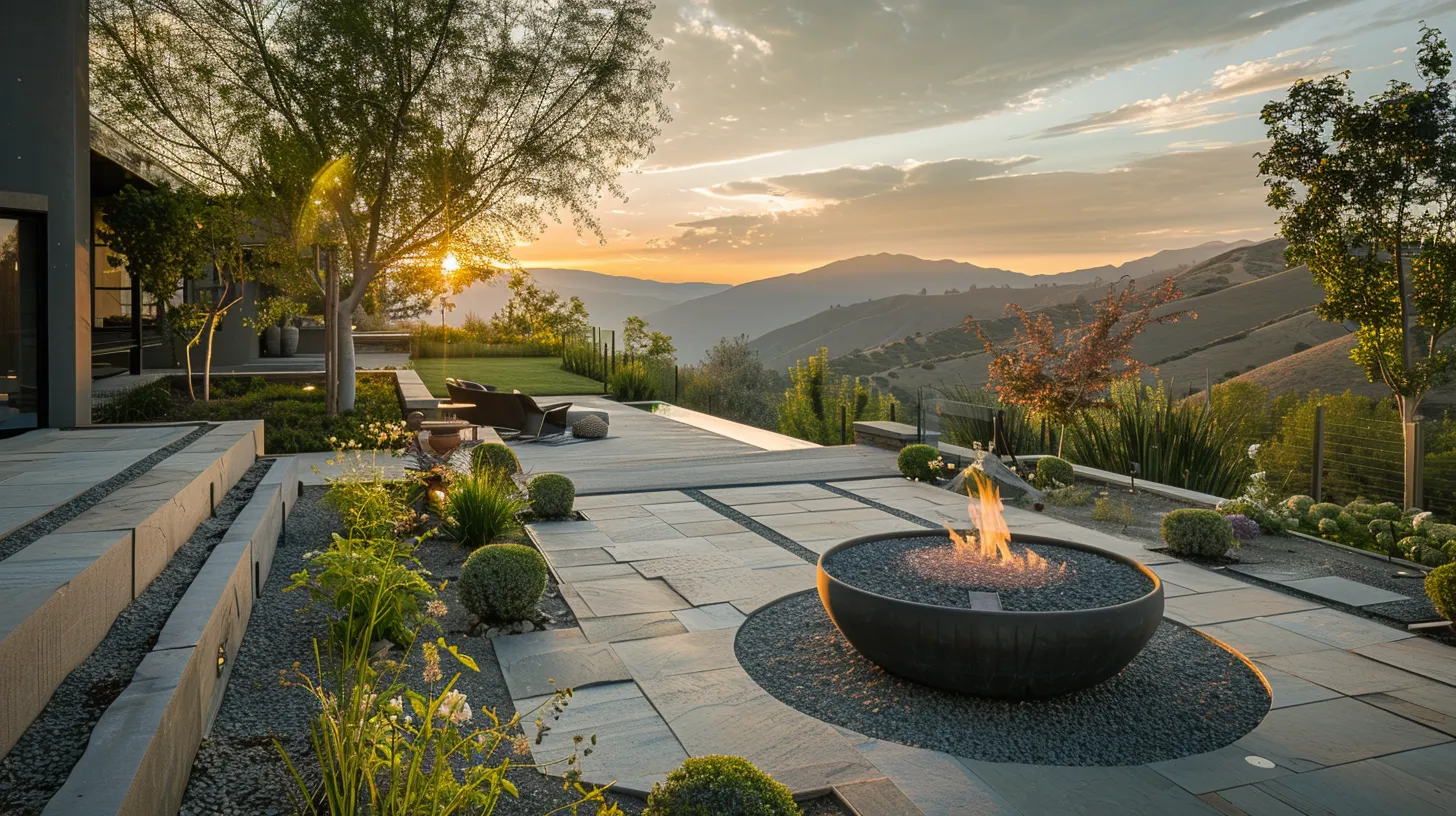 a stylish outdoor living space features an elegant patio with a modern fire pit, intricate stone walkways leading to a serene water feature, and a meticulously designed retaining wall, all set against a backdrop of striking mountain views. a stylish outdoor living space features an elegant patio with a modern fire pit, intricate stone walkways leading to a serene water feature, and a meticulously designed retaining wall, all set against a backdrop of striking mountain views.