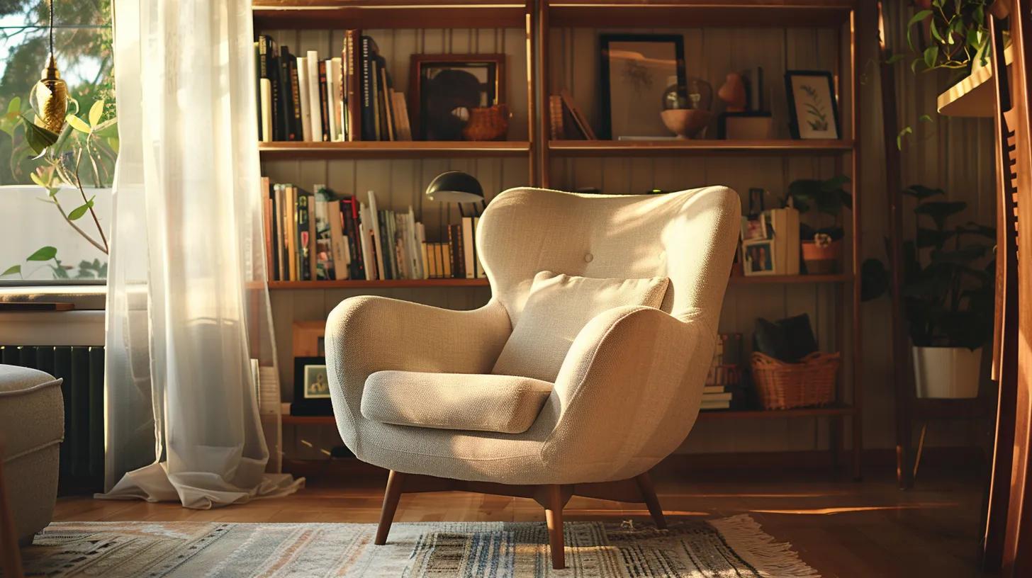 a stylish, plush armchair sits prominently in a cozy living room, surrounded by personal touches like a bookshelf and framed photos, inviting a sense of relaxation and comfort for dad.