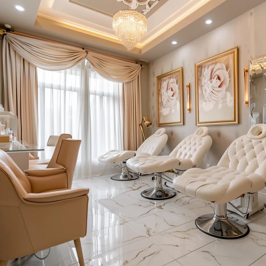 a stylish salon interior in queens, featuring a chic waxing station with elegant decor and soft, ambient lighting, set up to create a welcoming and comfortable atmosphere for clients preparing for their bikini wax appointments.