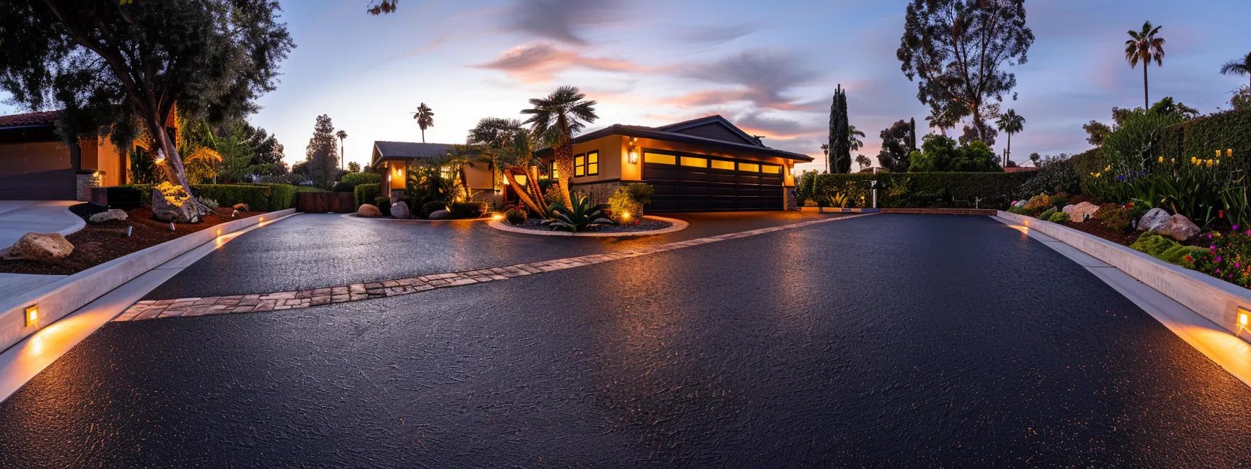 a stylish san diego home showcases a sleek, custom asphalt driveway, reflecting modern design and impeccable craftsmanship under the warm glow of evening lights in an urban setting.