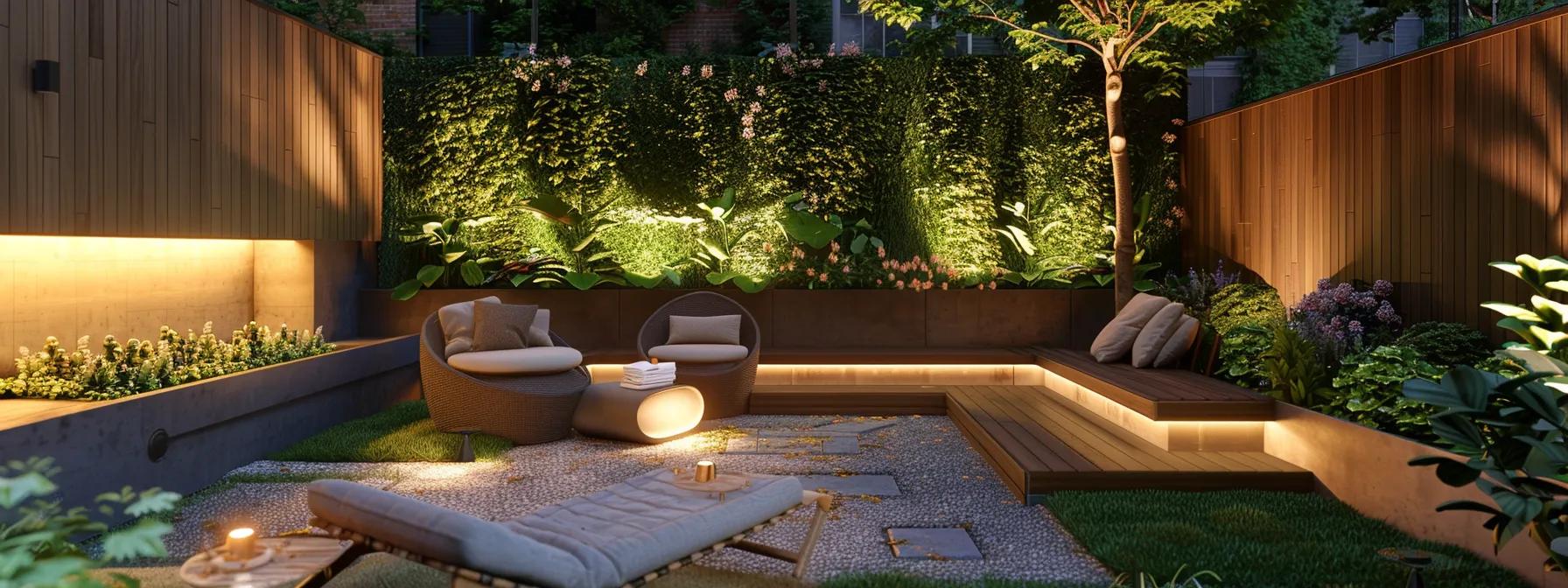 a stylish small yard features a sophisticated blend of a vertical garden, a sleek multi-use seating wall, and elegantly integrated pathway lighting, all designed to maximize space while enhancing visual appeal. a stylish small yard features a sophisticated blend of a vertical garden, a sleek multi-use seating wall, and elegantly integrated pathway lighting, all designed to maximize space while enhancing visual appeal.