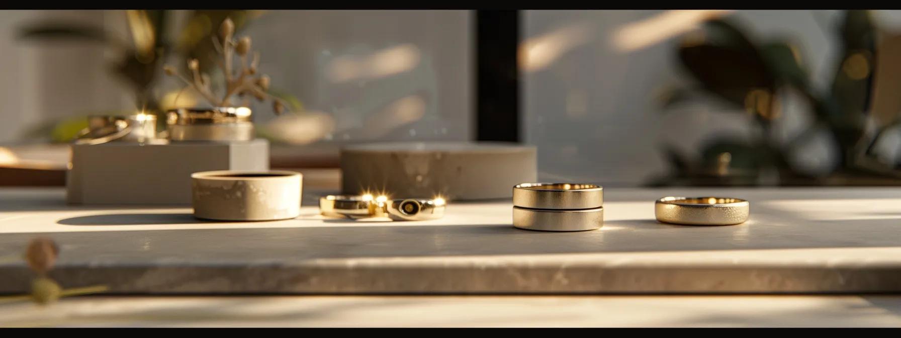 a stylish wedding display featuring ethically-sourced wedding bands elegantly arranged on a sleek, modern table against a minimalist urban backdrop, highlighting their sustainable beauty and craftsmanship. a stylish wedding display featuring ethically-sourced wedding bands elegantly arranged on a sleek, modern table against a minimalist urban backdrop, highlighting their sustainable beauty and craftsmanship.