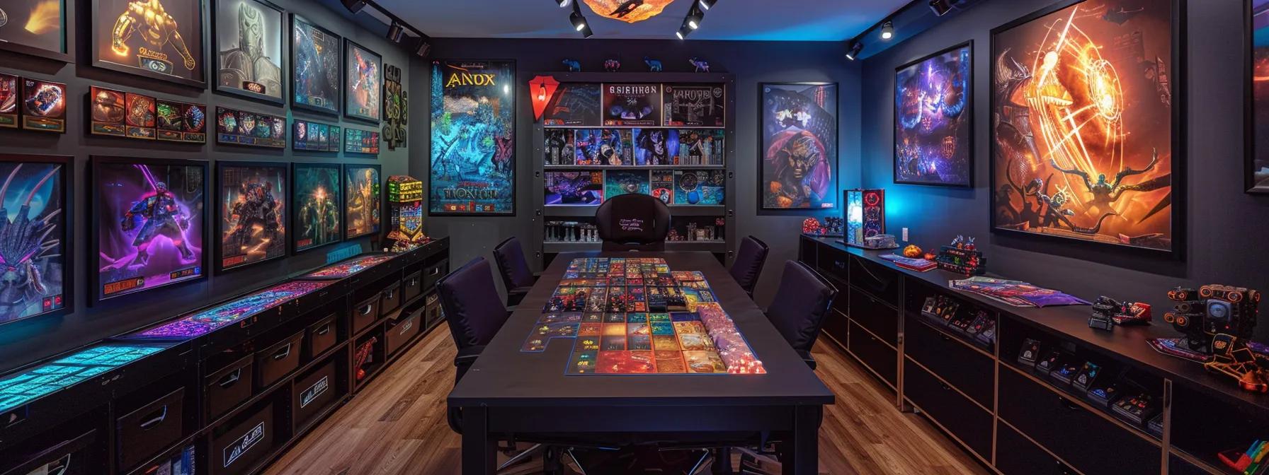 a stylish, well-organized tabletop gaming space showcases tailored organizers filled with colorful game components, surrounded by immersive game artwork and a sleek gaming table, illuminated by focused, warm ambient lighting. a stylish, well-organized tabletop gaming space showcases tailored organizers filled with colorful game components, surrounded by immersive game artwork and a sleek gaming table, illuminated by focused, warm ambient lighting.