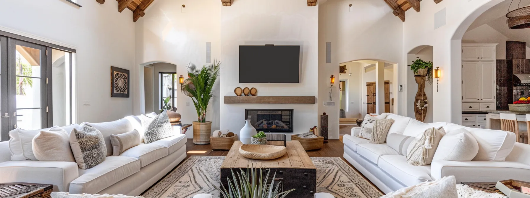 a stylishly appointed luxury airbnb living room, featuring immaculate modern decor, plush seating, and elegant touches that convey a serene and upscale holiday atmosphere, perfect for showcasing effective guest conflict resolution techniques in a high-end setting.