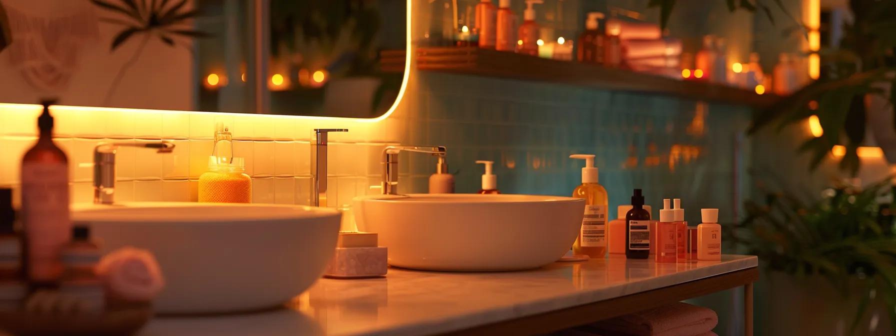 A softly lit bathroom counter adorned with hair care products and accessories, illustrating a serene and organized setup for maintaining healthy extensions at home. A softly lit bathroom counter adorned with hair care products and accessories, illustrating a serene and organized setup for maintaining healthy extensions at home.