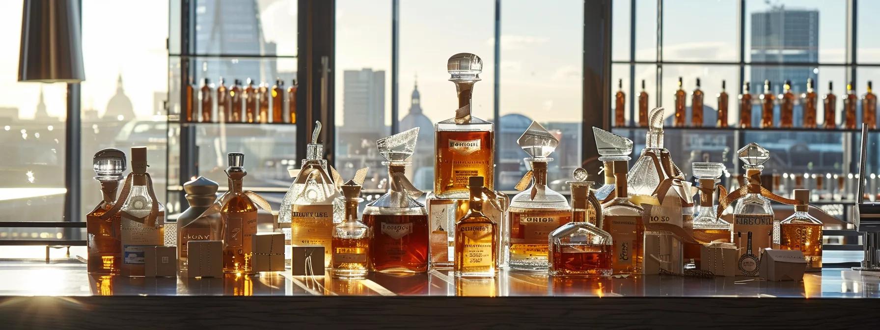 a stylishly arranged display of premium tequila bottles, elegantly packaged with sophisticated gift wrap, set against a modern london office backdrop with a hint of iconic city architecture visible through large windows.