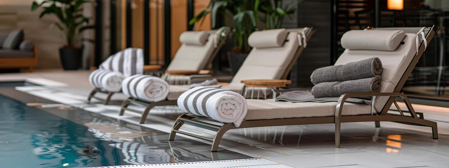 a stylishly arranged indoor poolside setting showcases elegant chic stripe pool towels draped over sleek contemporary lounge chairs, emphasizing a refined home aesthetic. a stylishly arranged indoor poolside setting showcases elegant chic stripe pool towels draped over sleek contemporary lounge chairs, emphasizing a refined home aesthetic.