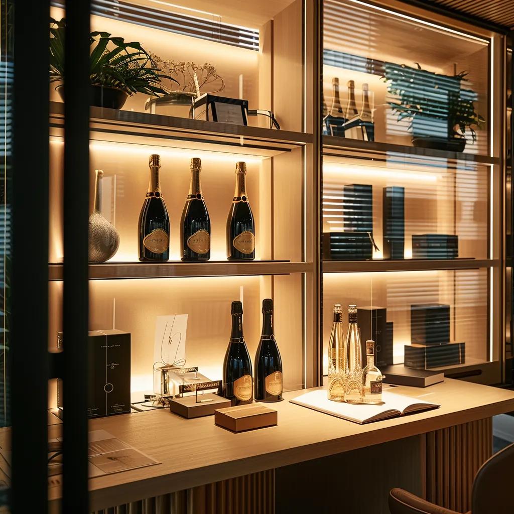 a stylishly arranged office space showcases a selection of elegantly packaged champagne bottles alongside personalised gift options, illuminated by soft ambient lighting that highlights their luxurious appeal.