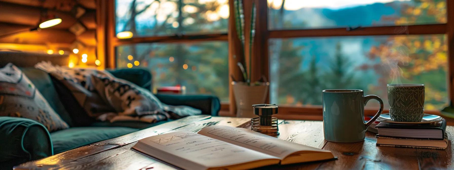 a stylishly arranged tabletop in a cozy, modern cabin features an open notebook with a beautifully designed couples itinerary, alongside a steaming mug of coffee and a scenic view of the blue ridge mountains through a large window.