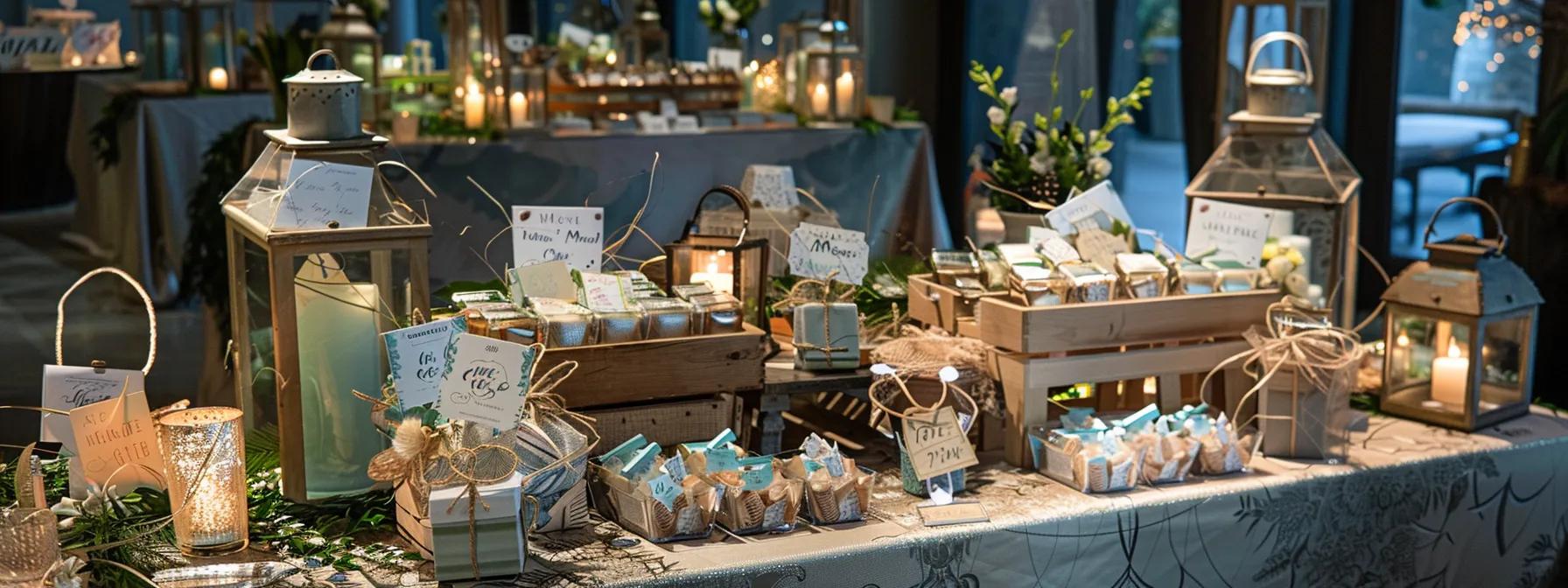 a stylishly arranged wedding reception table adorned with creatively crafted budget-friendly favor signs, showcasing elegant designs made from cost-effective materials, all set against a chic indoor backdrop with soft, ambient lighting. a stylishly arranged wedding reception table adorned with creatively crafted budget-friendly favor signs, showcasing elegant designs made from cost-effective materials, all set against a chic indoor backdrop with soft, ambient lighting.