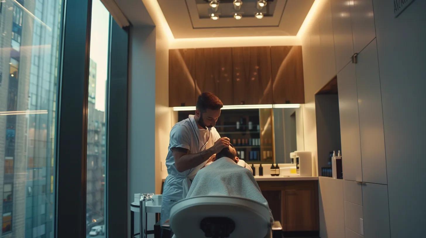 a stylishly designed grooming salon in lower manhattan showcases a skilled technician expertly performing facial hair threading on a client, with sleek, modern decor that emphasizes precision and sophistication.