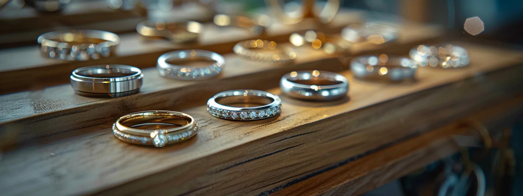 a stylishly designed office space showcases a diverse array of unique wedding rings displayed elegantly on a polished wooden surface, each ring intricately reflecting the couple’s cultural heritage and personal stories through distinct materials and artistic designs.