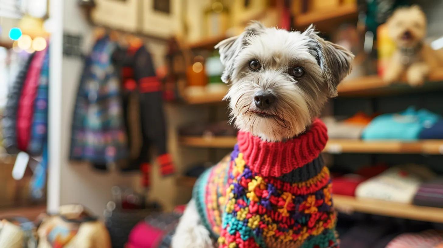 a stylishly dressed dog models a vibrant, high-quality sweater in a contemporary urban pet boutique, with colorful displays of various sweaters and accessories in the background.