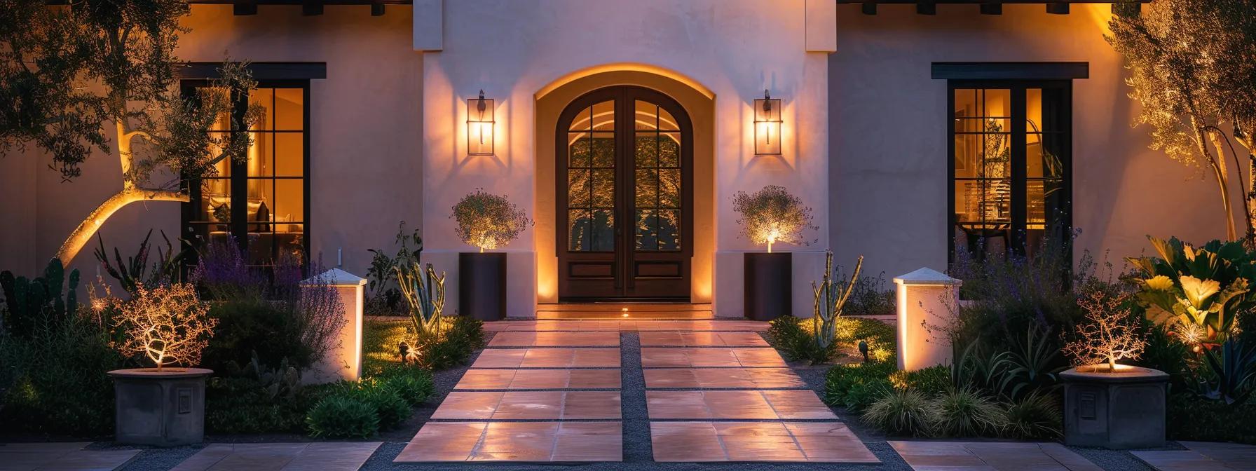 a stylishly illuminated entryway features elegant bronze fixtures and eco-friendly led lights, showcasing architectural details against an evening backdrop that highlights the inviting ambiance and safety of the pathway. a stylishly illuminated entryway features elegant bronze fixtures and eco-friendly led lights, showcasing architectural details against an evening backdrop that highlights the inviting ambiance and safety of the pathway.