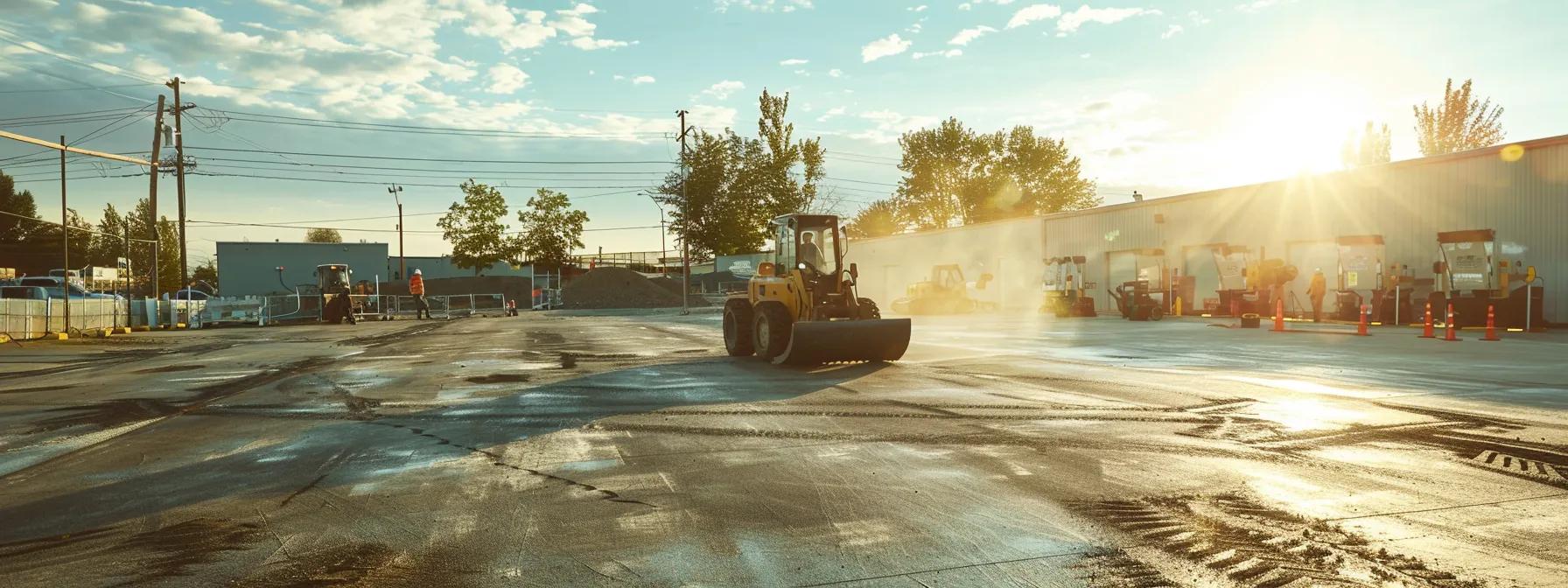 a sun-drenched asphalt parking lot glistens after a fresh resealing, with a construction crew strategically positioned, surrounded by tools and equipment, ready for the resurfacing process. a sun-drenched asphalt parking lot glistens after a fresh resealing, with a construction crew strategically positioned, surrounded by tools and equipment, ready for the resurfacing process.