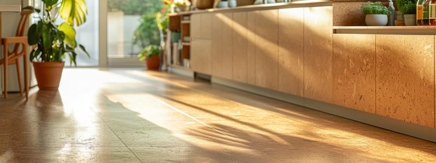 a sun-drenched eco-friendly kitchen features beautiful cork flooring, showcasing its natural textures and colors, while a gentle light highlights non-toxic cleaning products neatly arranged on the countertop. a sun-drenched eco-friendly kitchen features beautiful cork flooring, showcasing its natural textures and colors, while a gentle light highlights non-toxic cleaning products neatly arranged on the countertop.