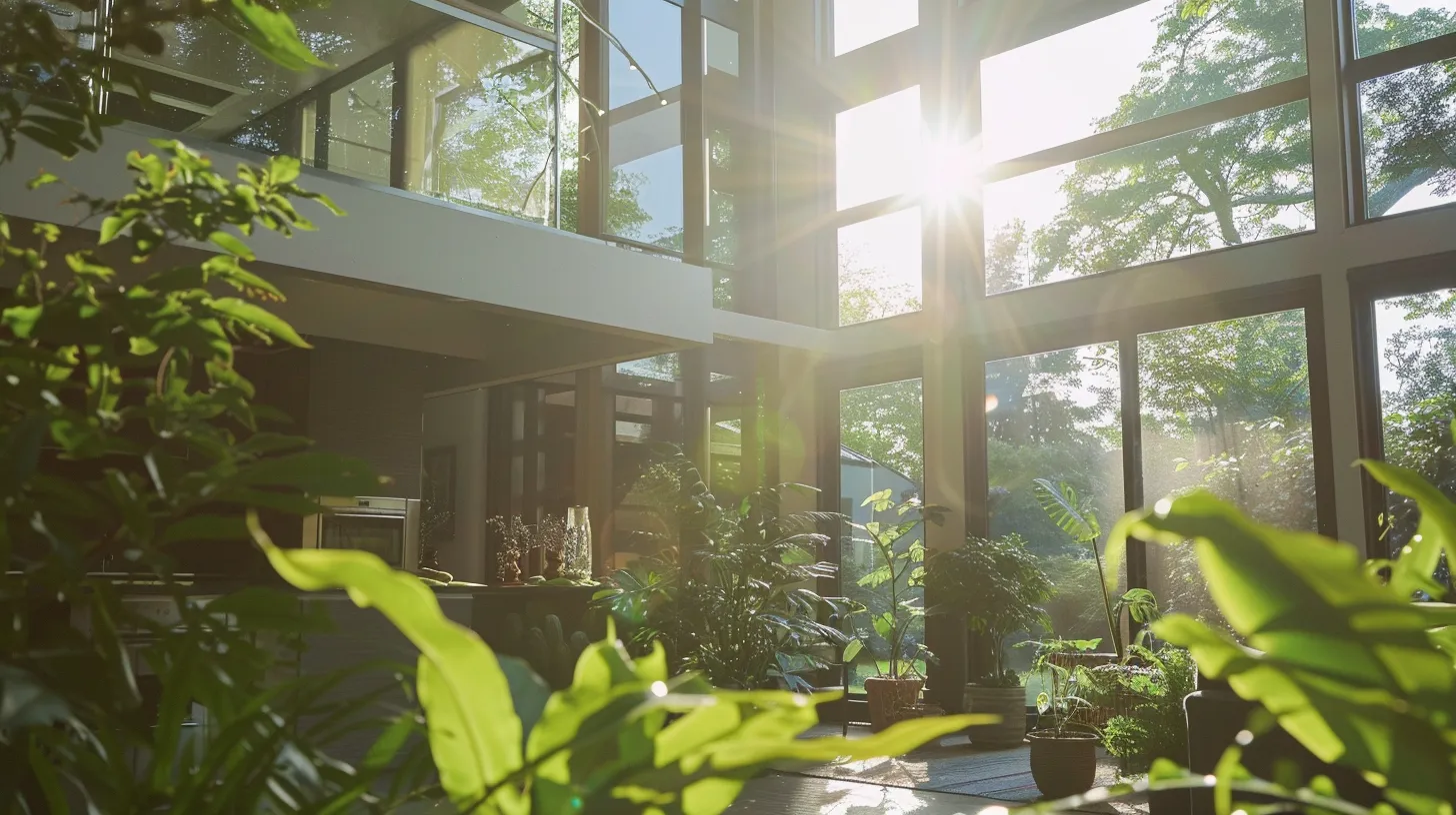 a sun-drenched modern home showcases expansive windows and sustainable materials, embodying energy efficiency with vibrant greenery surrounding it. a sun-drenched modern home showcases expansive windows and sustainable materials, embodying energy efficiency with vibrant greenery surrounding it.