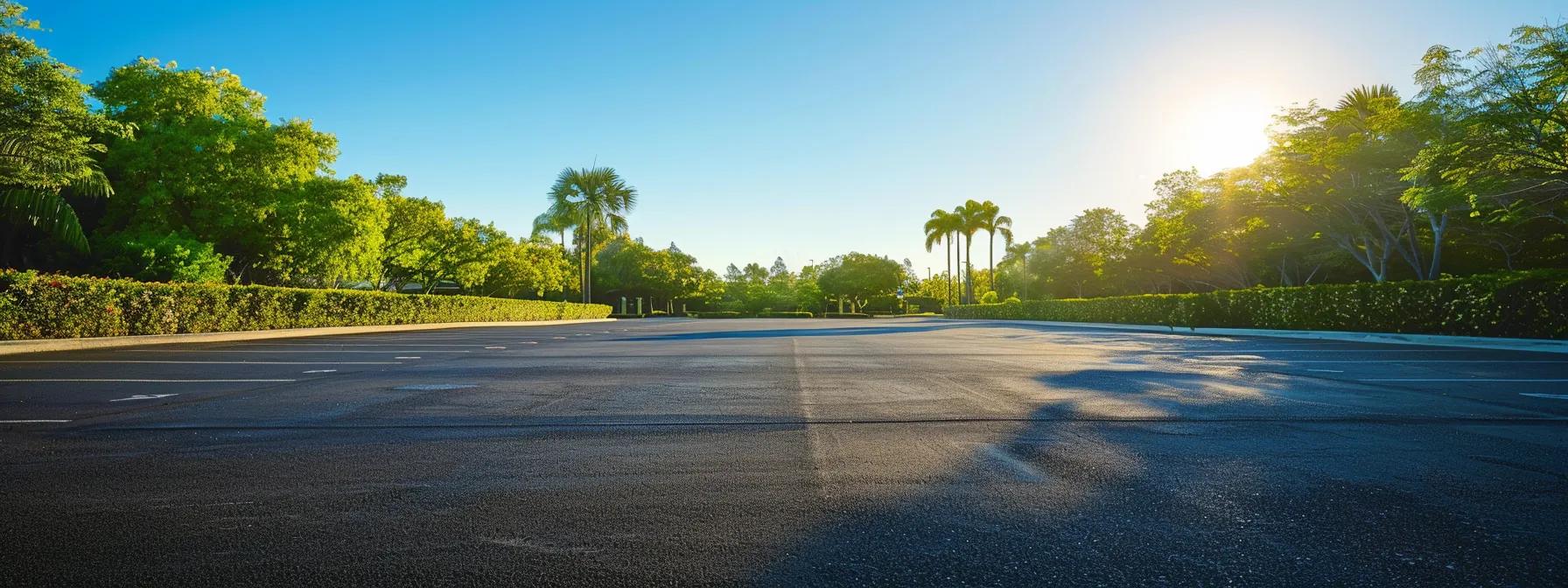 a sunlit asphalt parking lot, smooth and dark, stretches out beneath a clear blue sky, showcasing the contrast between pristine pavement and surrounding greenery, symbolizing well-maintained surfaces and thoughtful investment. a sunlit asphalt parking lot, smooth and dark, stretches out beneath a clear blue sky, showcasing the contrast between pristine pavement and surrounding greenery, symbolizing well-maintained surfaces and thoughtful investment.