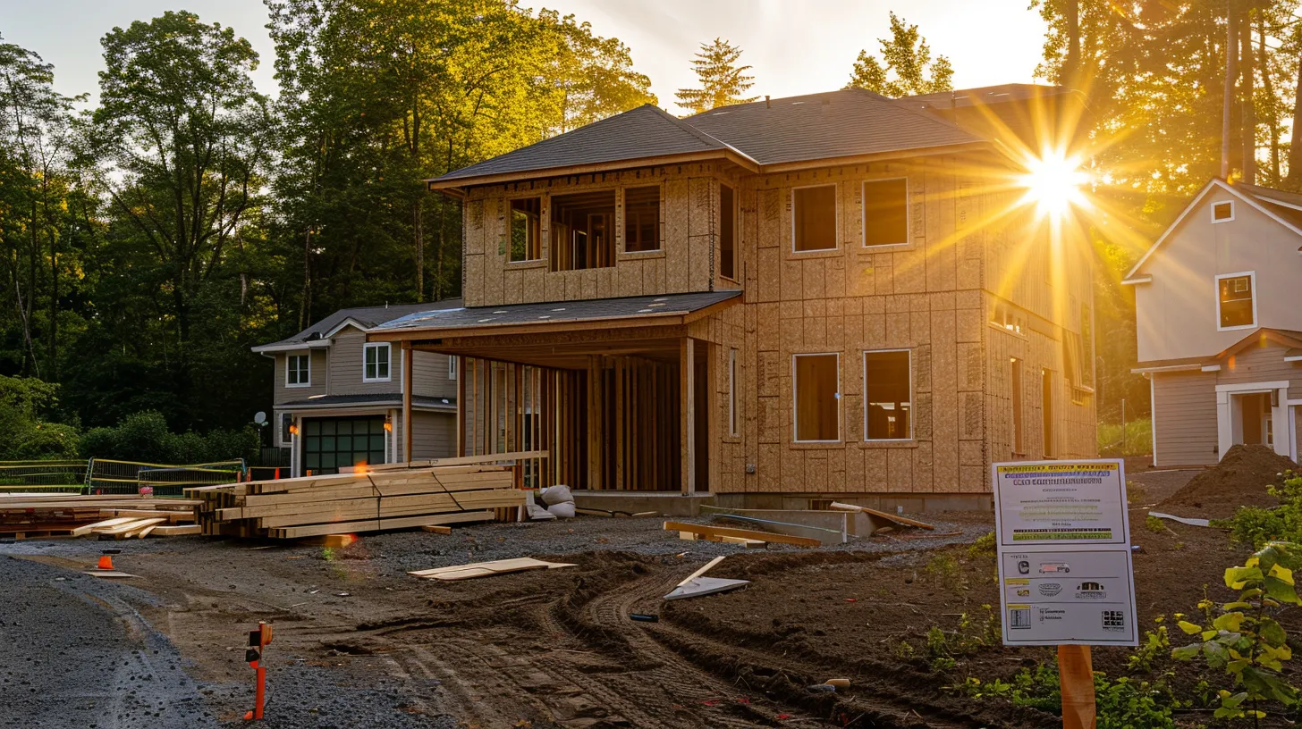 a sunlit construction site showcases a partially built custom home, with a nearby sign highlighting local financing options and government incentives, emphasizing the theme of accessible resources for first-time builders. a sunlit construction site showcases a partially built custom home, with a nearby sign highlighting local financing options and government incentives, emphasizing the theme of accessible resources for first-time builders.