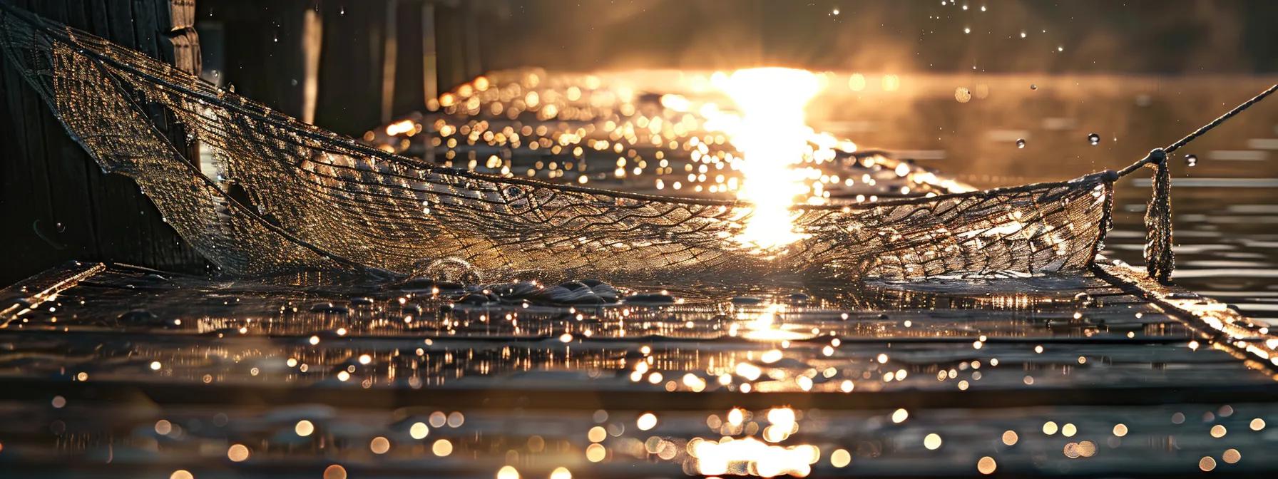 a sunlit fishing landing net rests gracefully on a weathered wooden dock, glistening with droplets of water, surrounded by tranquil ripples of a serene lake. a sunlit fishing landing net rests gracefully on a weathered wooden dock, glistening with droplets of water, surrounded by tranquil ripples of a serene lake.