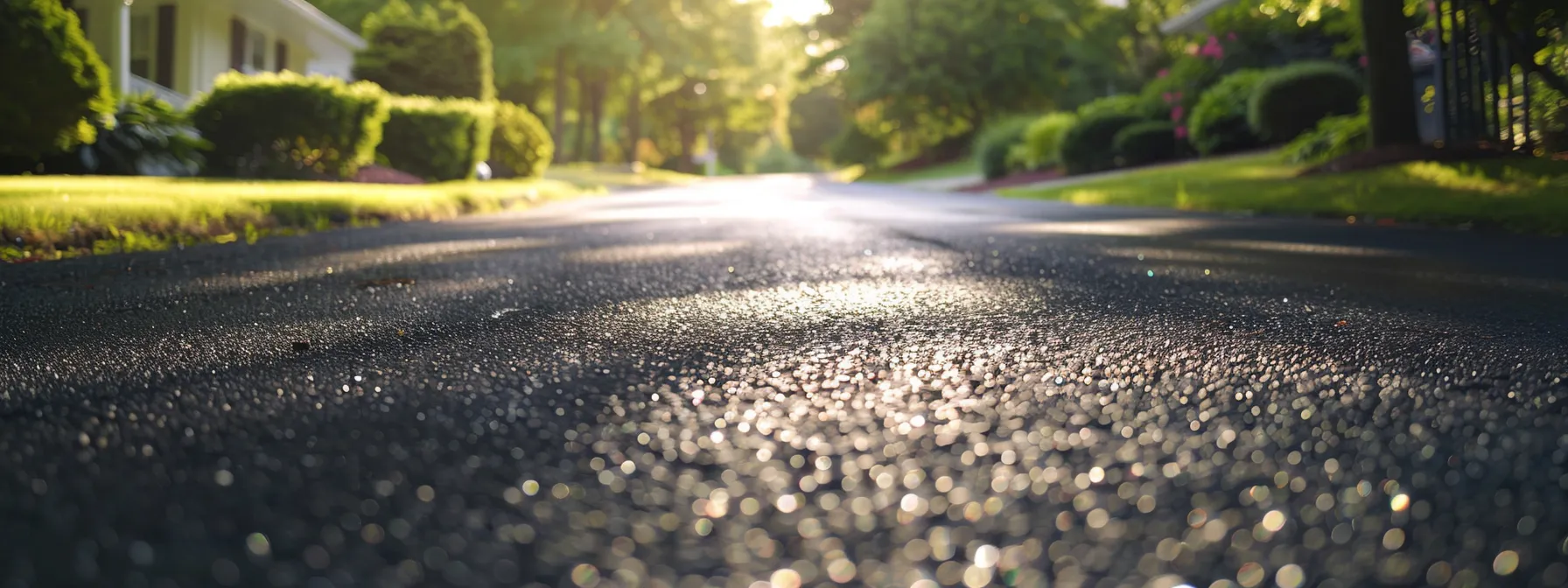 a sunlit, freshly sealed asphalt surface glistens after maintenance, illustrating the contrast between vibrant blacktop and lush green landscaping, symbolizing the importance of protective upkeep for long-lasting paved surfaces.