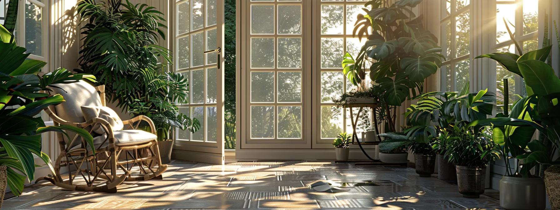 a sunlit, inviting sunroom adorned with minimalist decor and elegant tile, showcasing a cozy reading nook surrounded by lush greenery, creating a tranquil retreat that blends seamlessly with the outdoors. a sunlit, inviting sunroom adorned with minimalist decor and elegant tile, showcasing a cozy reading nook surrounded by lush greenery, creating a tranquil retreat that blends seamlessly with the outdoors.