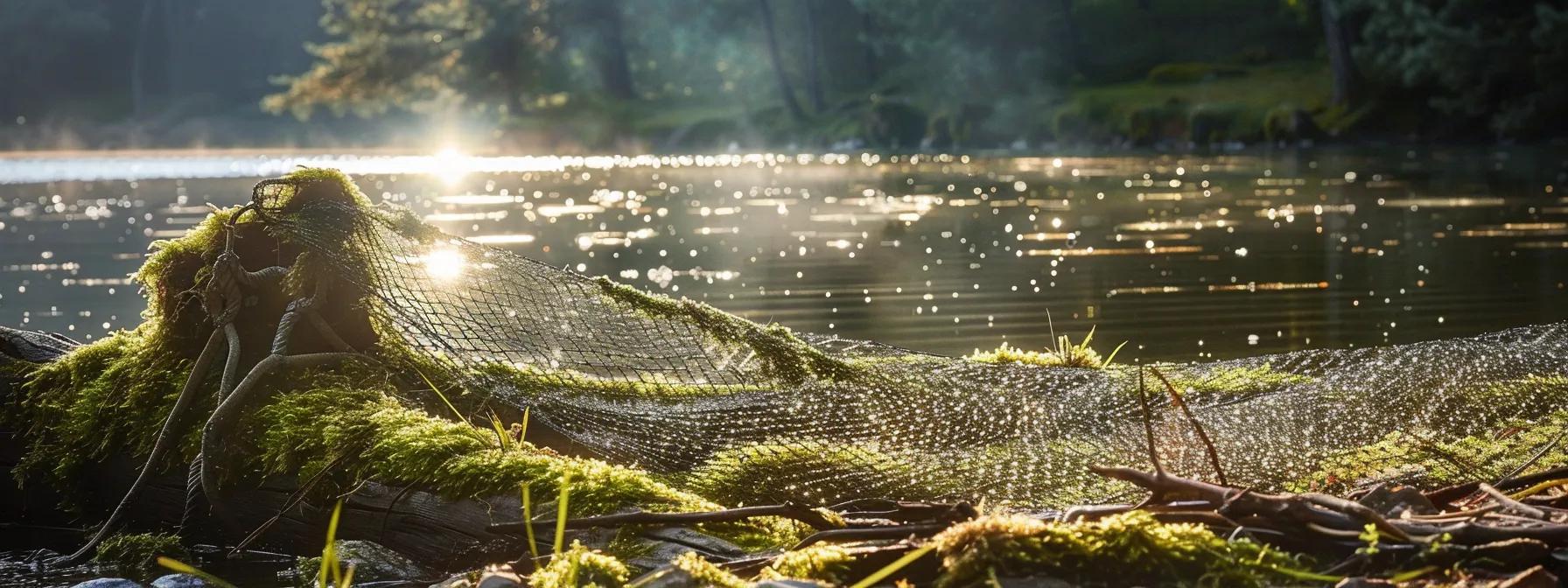 a sunlit lakeside scene captures a pristine fishing landing net draped elegantly over a mossy log, glistening droplets of water accentuating its well-maintained surface. a sunlit lakeside scene captures a pristine fishing landing net draped elegantly over a mossy log, glistening droplets of water accentuating its well-maintained surface.