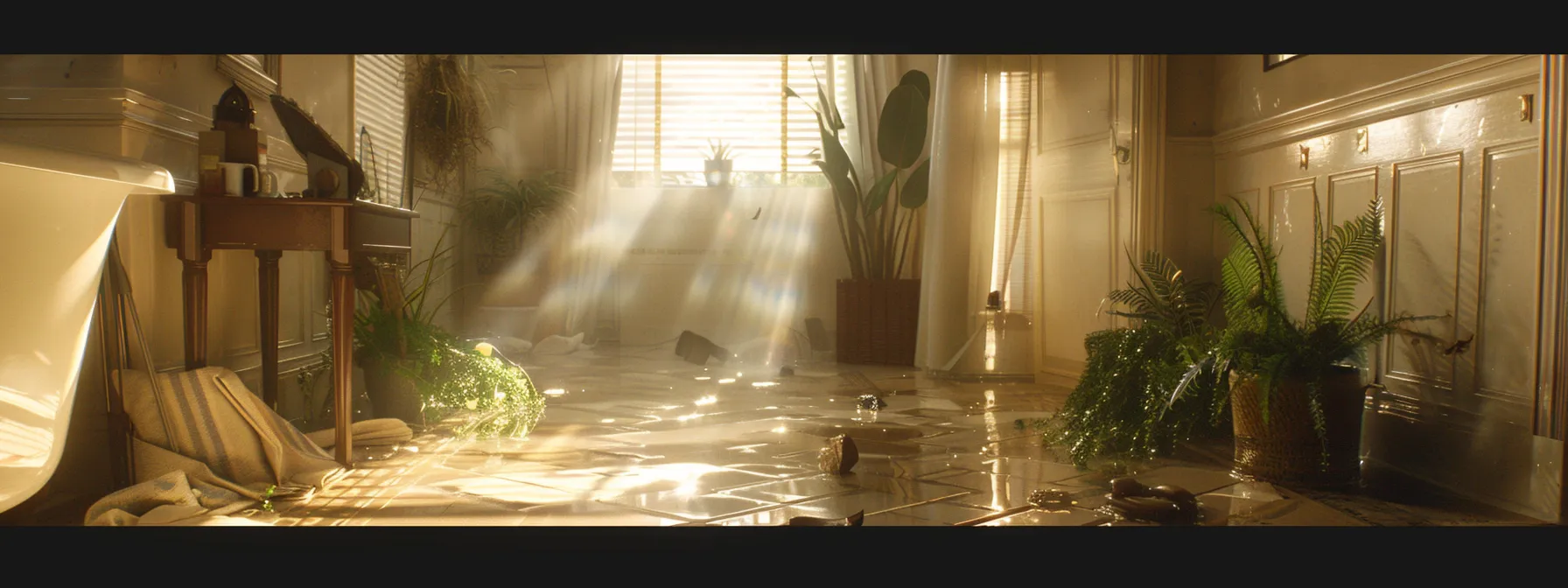 a sunlit, lived-in home showcasing light water damage, with professional restoration crews efficiently assessing the affected areas and discussing recovery options amidst warm, inviting decor.