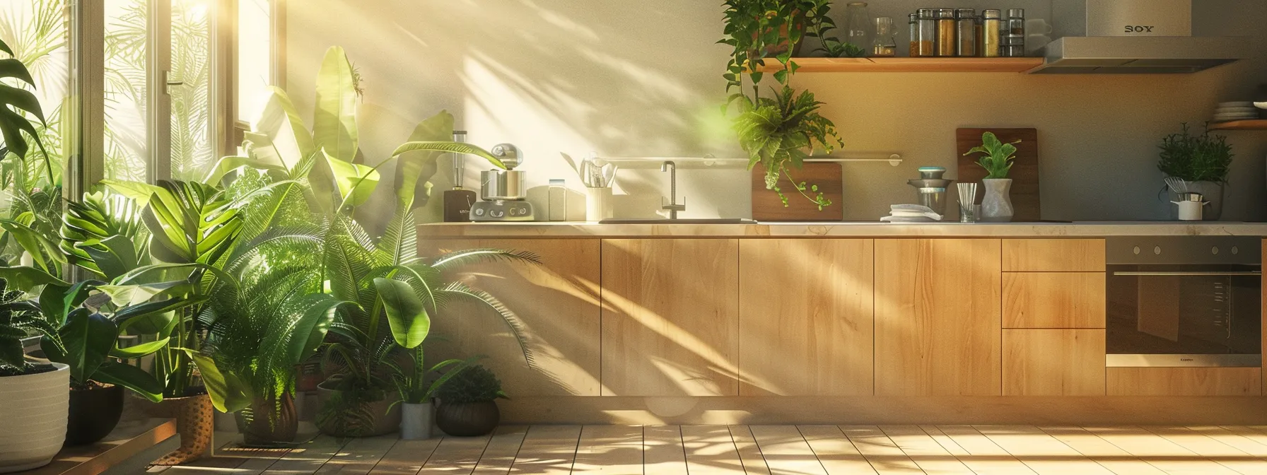 a sunlit, modern kitchen with sustainable bamboo flooring, featuring lush green plants and eco-friendly appliances, embodies the essence of an eco-friendly transformation. a sunlit, modern kitchen with sustainable bamboo flooring, featuring lush green plants and eco-friendly appliances, embodies the essence of an eco-friendly transformation.
