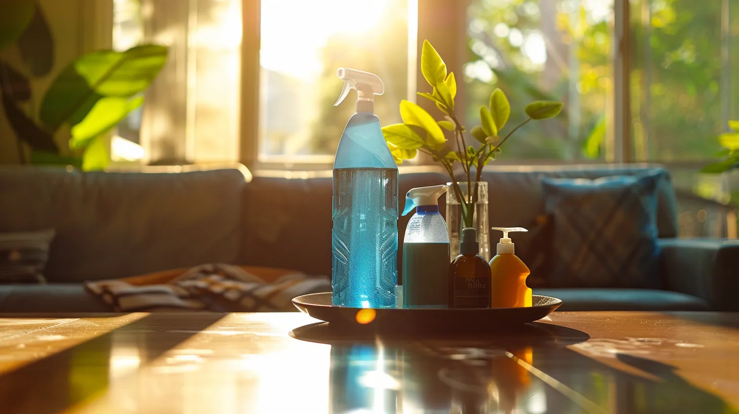 a sunlit, pristine living room in clarksville, tn, showcases eco-friendly cleaning products neatly arranged on a polished surface, emphasizing the harmony between cleanliness and sustainable living.