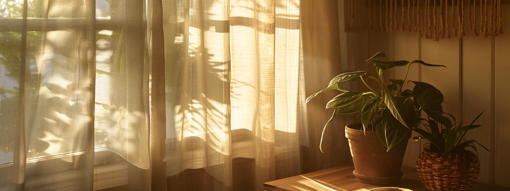 a sunlit room elegantly showcases a window adorned with a harmonious blend of sheer and blackout curtains, casting gentle shadows and highlighting the contrasting textures while emphasizing privacy and light play.