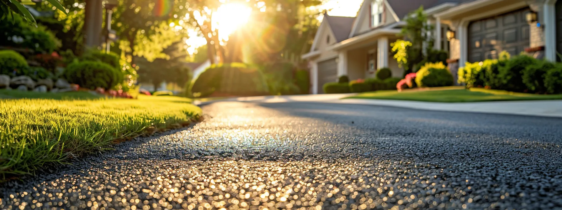 a sunlit suburban street showcases a freshly paved asphalt driveway gleaming in the morning light, emphasizing its smooth texture and durability as it enhances the charming residences lining the road. a sunlit suburban street showcases a freshly paved asphalt driveway gleaming in the morning light, emphasizing its smooth texture and durability as it enhances the charming residences lining the road.